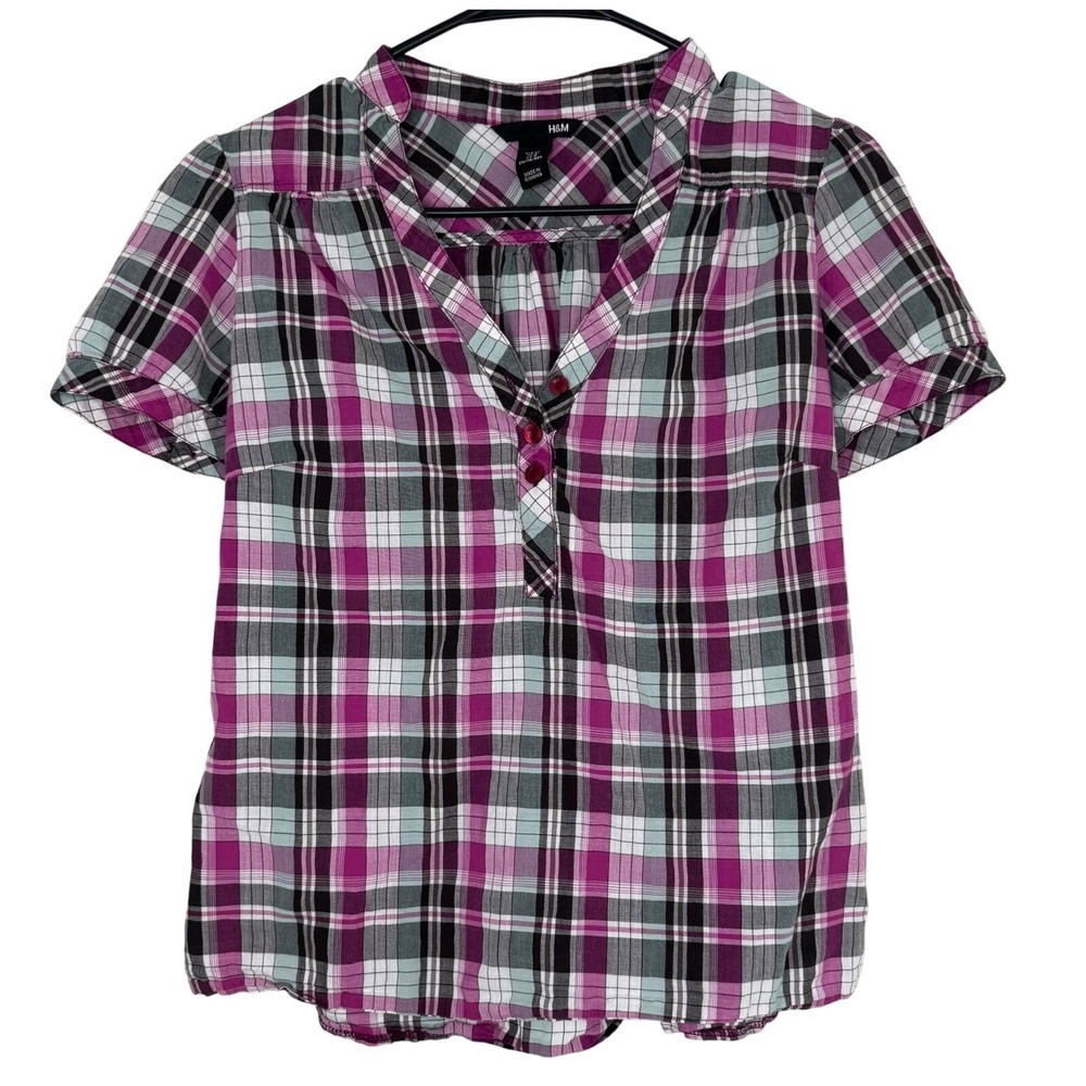 H&M Pink Black White Plaid Y2K Short Sleeve V-Neck Preppy Blouse Women's Size 10 - Picture 1 of 3